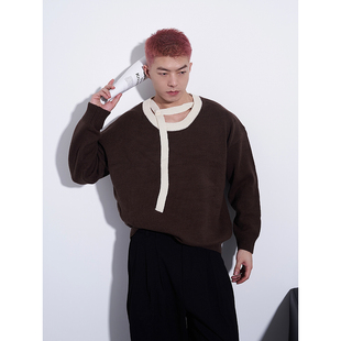 双11清仓  小狼狗设计款围脖简约撞色舒适休闲宽松圆领针织衫毛衣