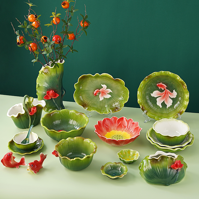 珐琅彩荷塘月色陶瓷餐具套装