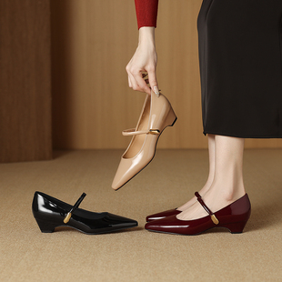 AMEINOR法式粗跟玛丽珍鞋2026春季真皮方头舒适中跟一字扣单鞋女