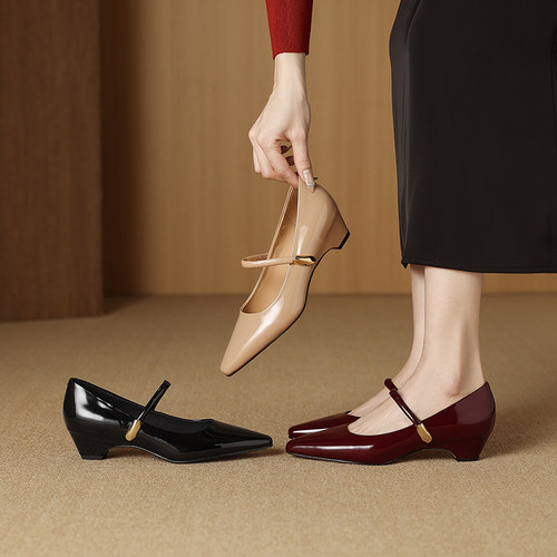 AMEINOR法式粗跟玛丽珍鞋2026春季真皮方头舒适中跟一字扣单鞋女