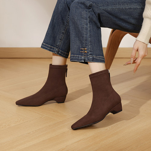 AMEINOR秋冬法式美拉德瘦瘦靴2025新款真皮中粗跟百搭加绒短靴子