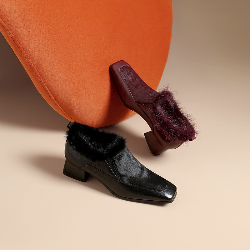 AMEINOR冬季气质方头加绒保暖单鞋女2025真皮中跟粗跟乐福毛毛鞋,女鞋,深口单鞋,淘宝优惠券,粉丝福利购,淘宝优惠卷