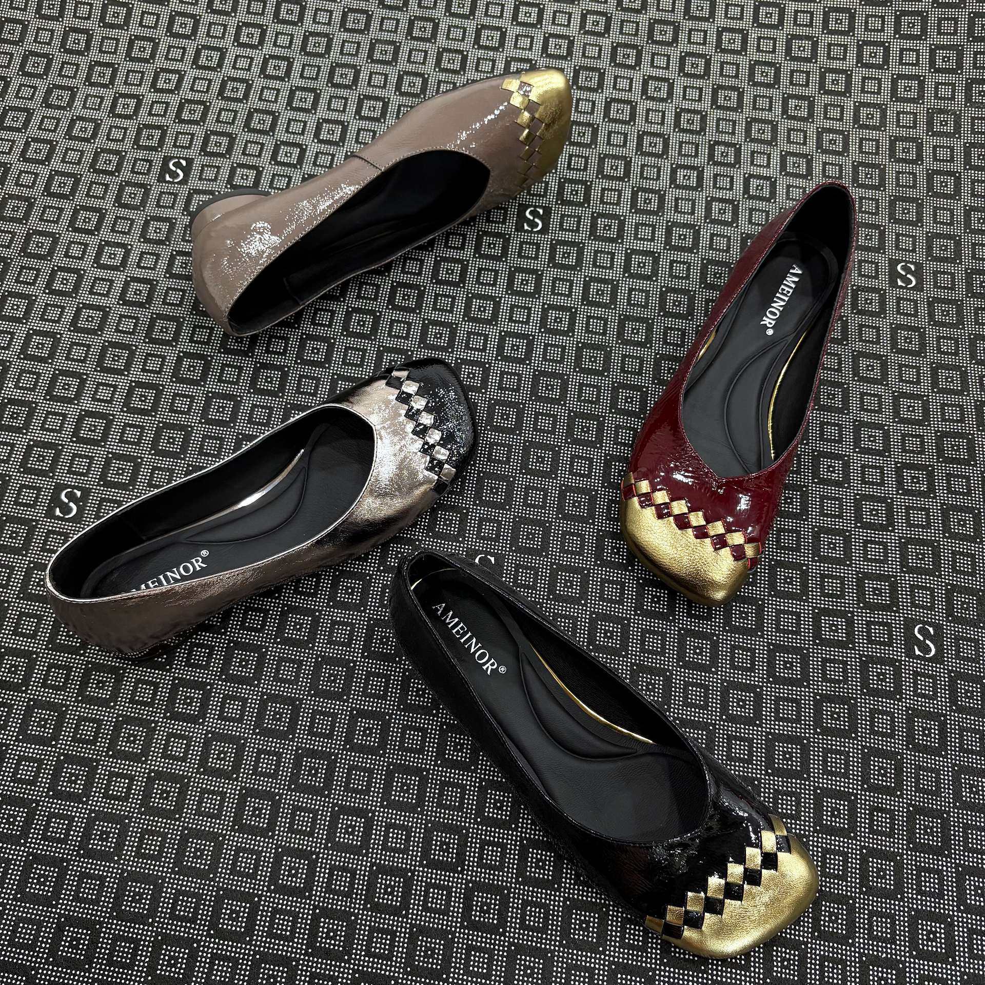 AMEINOR拼色编织洋气平底鞋2025秋季新款方头真皮单鞋女式小皮鞋,女鞋,浅口单鞋,淘宝优惠券,粉丝福利购,淘宝优惠卷