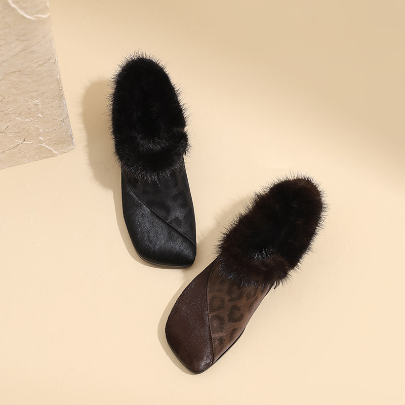 AMEINOR秋冬时尚豹纹加绒单鞋女2025新款真皮中粗跟保暖毛毛鞋子,女鞋,深口单鞋,淘宝优惠券,粉丝福利购,淘宝优惠卷