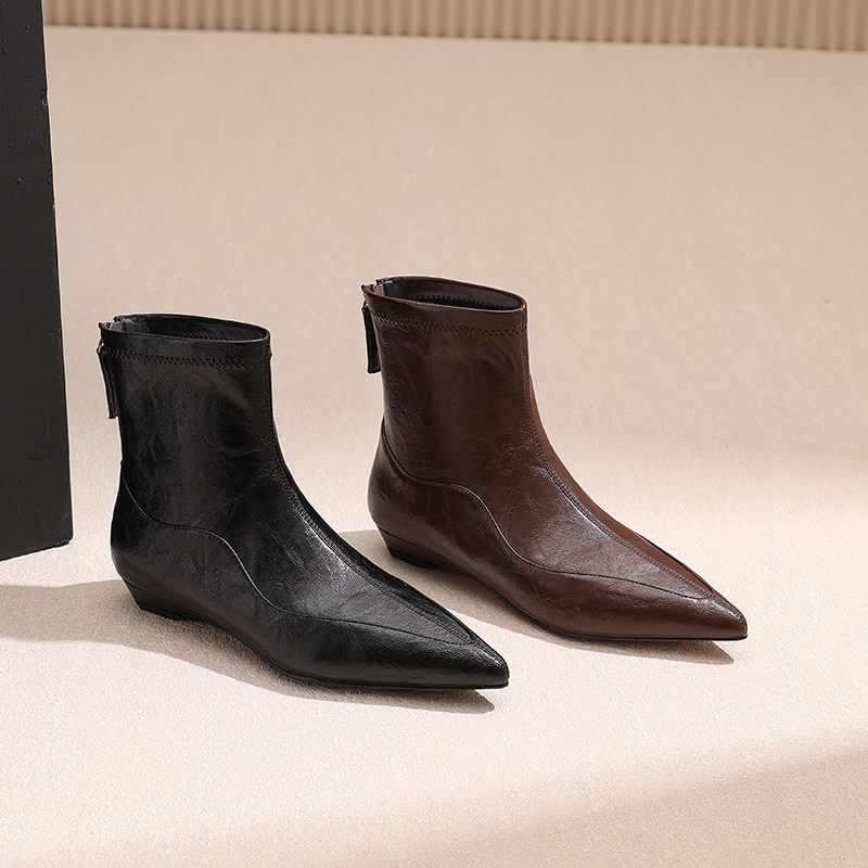 AMEINOR韩版尖头弹力瘦瘦靴2025秋冬新款低跟加绒短靴平底靴子女,女鞋,时装靴,淘宝优惠券,粉丝福利购,淘宝优惠卷
