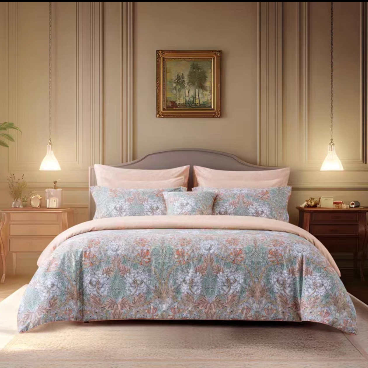 MINE寐代理英国Morris天丝纯棉磨毛四件套缎纹印花蓝繁篓俄坎瑟斯