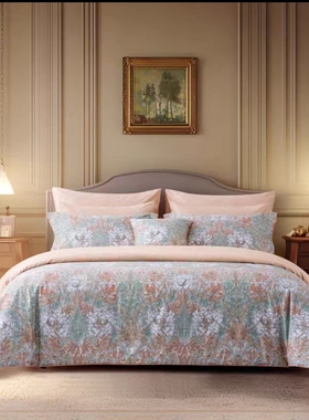 MINE寐代理英国Morris天丝纯棉磨毛四件套缎纹印花蓝繁篓俄坎瑟斯