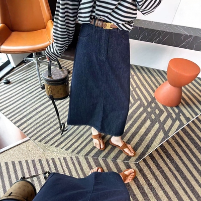 03/12Z品牌！YKK普洗蓝防褪色高腰显瘦后开叉A字版牛仔半身裙2605