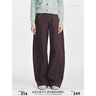 01/04W 原*创设计春秋果酱梅子紫廓形斜纹金边加厚阔腿弯刀裤2389