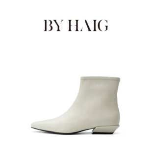 Lucas瑞典设计师品牌压纹羊皮瘦瘦靴尖头低跟法式 通勤短靴