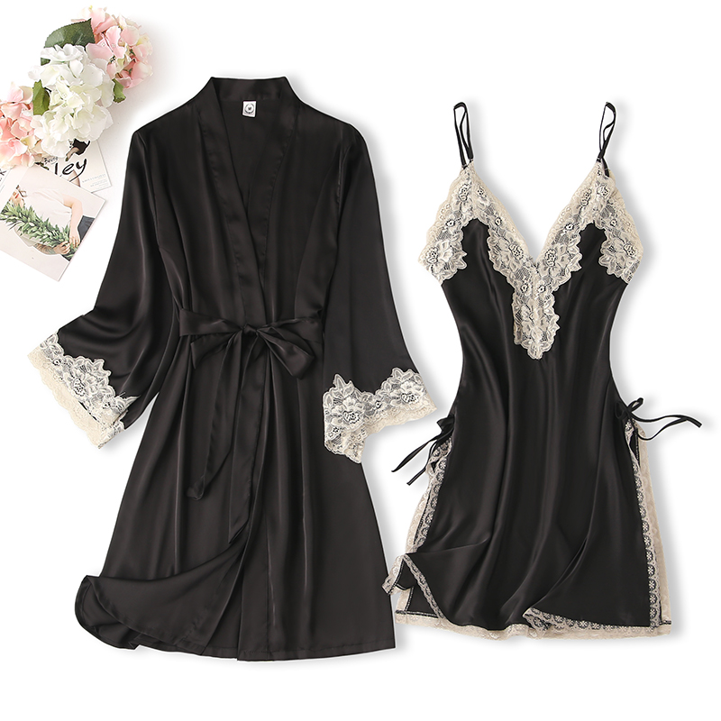 吊带睡裙女性感两件套薄款冰丝绸性感蕾丝夏季睡袍睡衣女春秋长袖