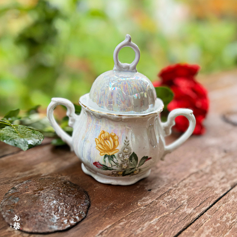 清仓有瑕珍珠贝壳釉描金彩绘花卉咖啡糖罐高6口径7