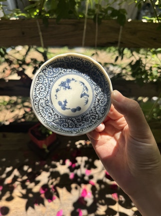 龍峯柴烧松竹梅手绘唐草纹小杯垫茶托直径8.5高1.5