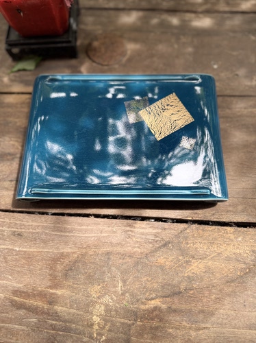 孔雀蓝手工手绘浮雕茶盘茶托茶具配件长24宽16