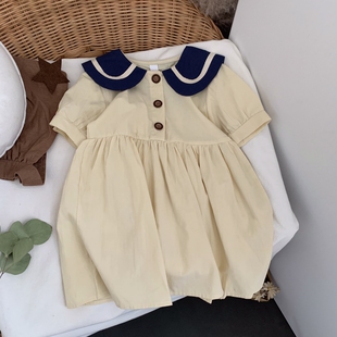 【断码】海军风~超可爱女童韩版学院风棉麻娃娃衫可爱翻领连衣裙