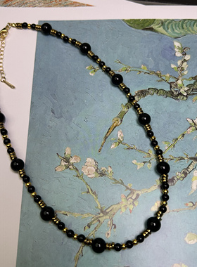 复古黑金黑玛瑙项链轻奢小众法式颈链高级感锁骨链女款2024新款