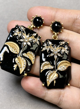 中古vintage夸张黑金耳环长方形花朵气质耳环经典百搭