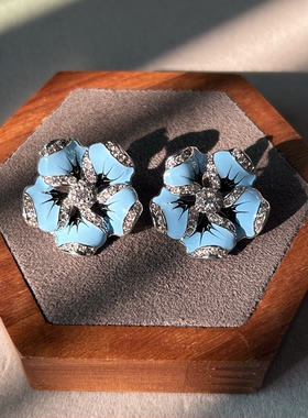 中古vintage耳环蓝色珐琅釉锆石花朵耳环高品质小众淡蓝色花耳环
