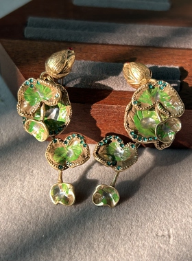 金秋残荷绿色荷叶花苞耳环中古vintage复古铜镀金高品质独特耳环