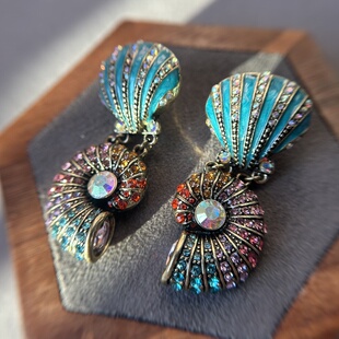 中古耳环镶钻滴油贝壳珍珠耳环夸张复古饰品耳饰西洋海洋双层古风