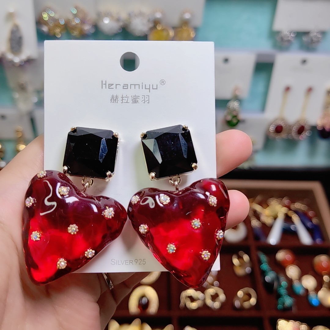 中古夸张耳饰红色大桃心耳环好品质高货酒红色爱心耳环
