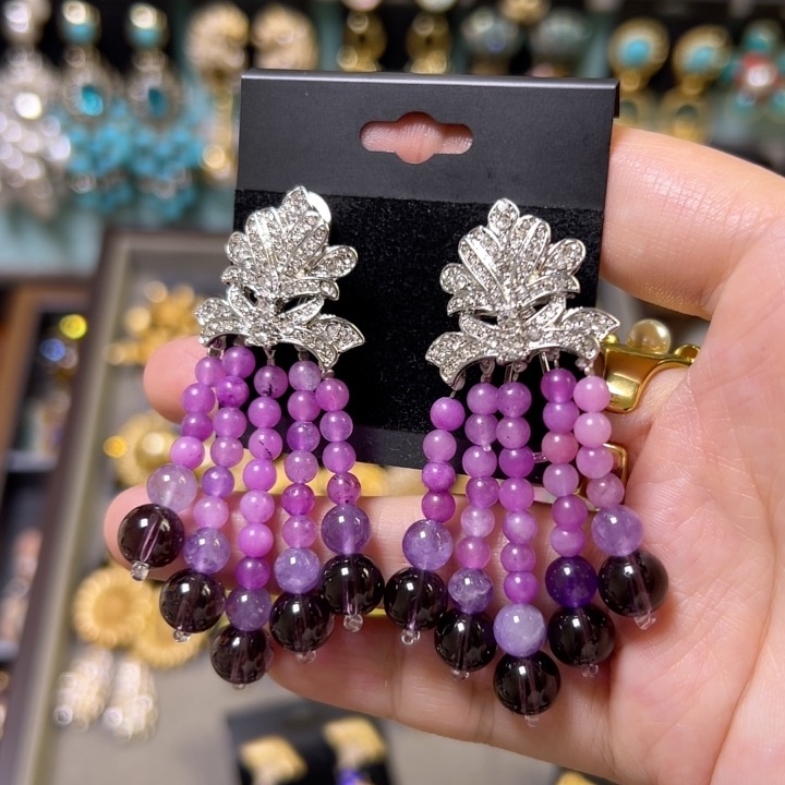 中古vintage天然石紫色民族风重工手工串珠耳饰新款