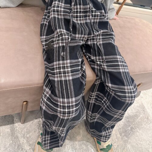 洋气慵懒男女童格纹松紧腰阔腿裤