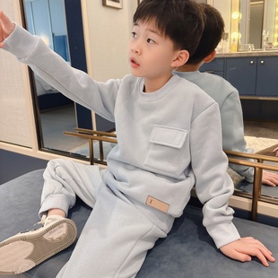 抓绒淡蓝色运动装 秋冬新款 套装 打底外穿全棉加绒加厚卫衣卫裤 童装