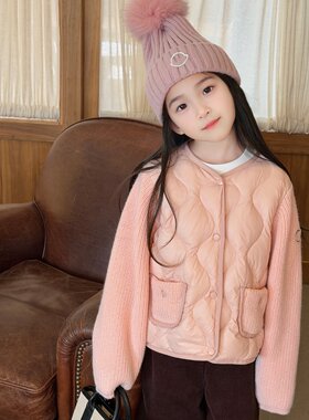 女童葫芦格粉色毛衣拼接羽绒服