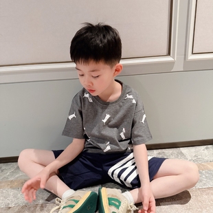 26春夏新品卡通戴帽小狗印花圆领短袖满印T恤男女童宽松气质上衣