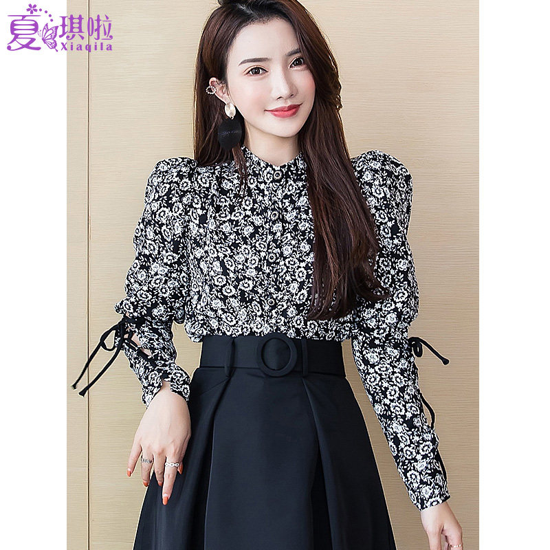 秋装新款复古港味立领气质长袖黑底印花泡泡袖上衣雪纺碎花衬衫女