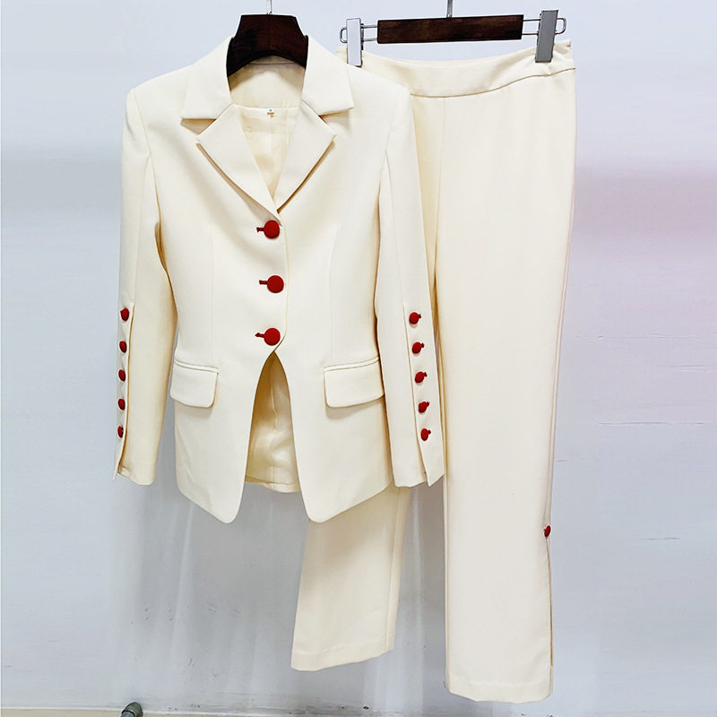 2023秋冬款修身个性剪裁红色纽扣西装外套长裤套装时尚两件套女士