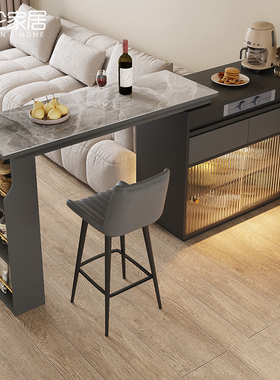 轻奢岩板吧台桌客厅隔断柜一体家用小户型可伸缩定制实木吧台柜