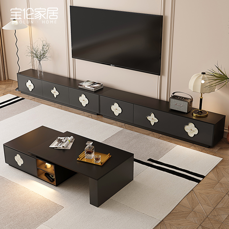 法式中古落地电视柜伸缩茶几组合客厅家用四叶草贝壳地台收纳柜