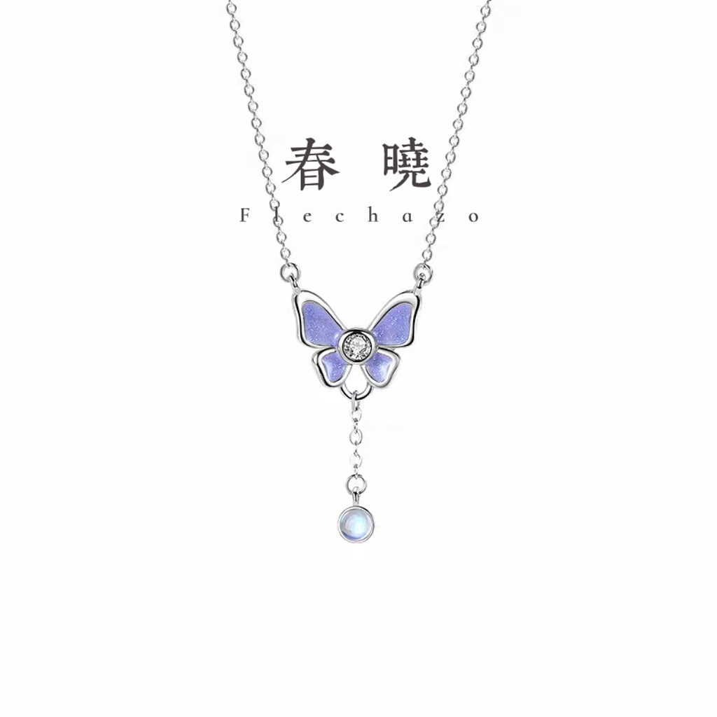 蝴蝶结纯银925项链女小众设计轻奢款流苏锁骨链ins锆石月光石吊