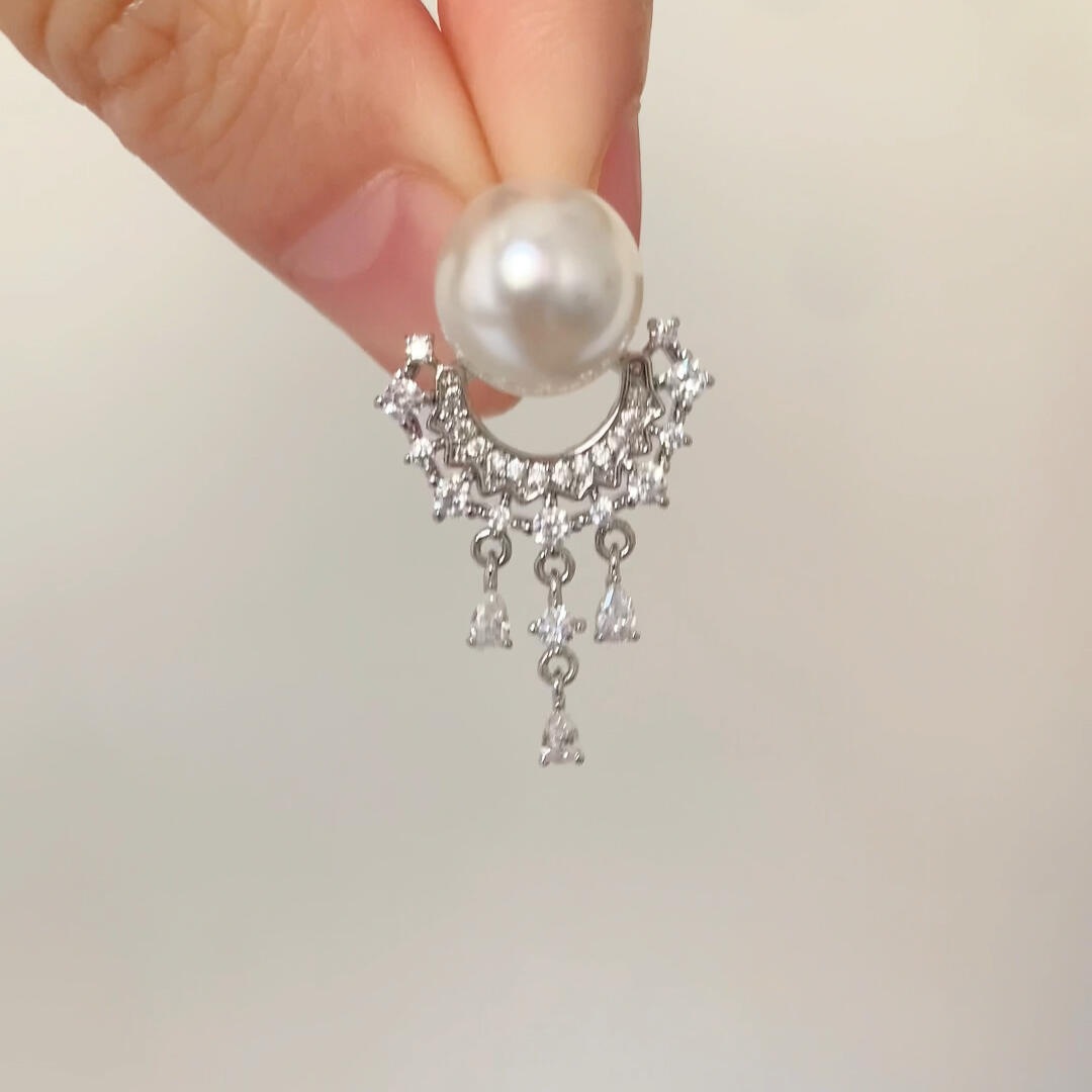 S925纯银月渐星河珍珠流苏耳钉女法式复古高级感气质优雅时尚百搭