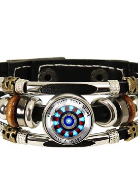 欧美热卖复仇者联盟钢铁侠心脏时光宝石聚能量皮革手链编织手饰