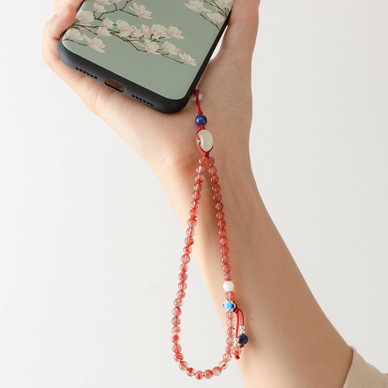 复古中国风天然南红玛瑙粉色草莓晶手机挂链短款手腕挂绳饰品礼物