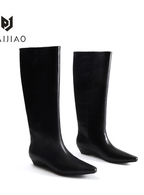 时装靴牛皮粗腿靴子秋冬女靴黑色坡跟女鞋百搭弹力时尚XC1114-1