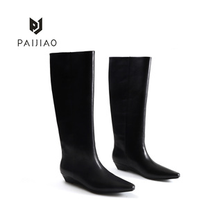 XC1114 百搭弹力时尚 靴牛皮粗腿靴子秋冬女靴黑色坡跟女鞋 时装
