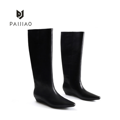 排角尖头粗跟显瘦高靴