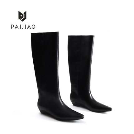 时装靴牛皮粗腿靴子秋冬女靴黑色坡跟女鞋百搭弹力时尚XC1114-1