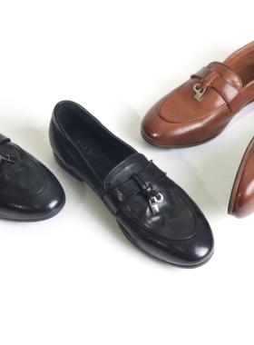 马皮水洗手工乐福鞋经典锁扣小皮鞋做旧低跟单鞋女复古LT318