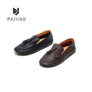 小众百搭手工鹿皮鞋百搭圆头极简女鞋一脚蹬手工乐福鞋LG1128794