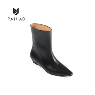 秋冬尖头坡跟牛皮季轻奢风极简风短靴高跟中筒靴女靴XC1111-9