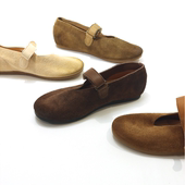 ZH591 复古浅口手工平底魔术贴奶奶鞋 一字扣牛反绒休闲玛丽珍鞋