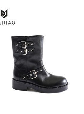 时装靴马皮圆头中筒靴短靴时尚长筒女士黑色中筒短靴SW1201-1