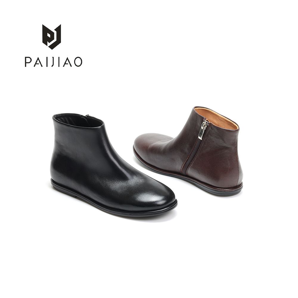 极简英伦风羊皮休闲圆头侧拉链百搭平跟短筒皮靴女靴XC1105-1