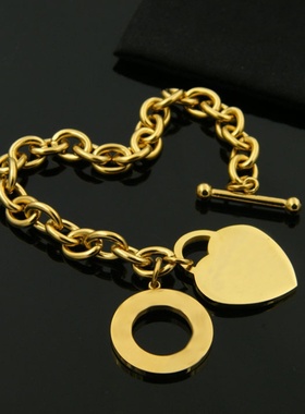 【04】欧美流行饰品 桃心圆圈OT扣粗手链钛钢玫瑰金心型手链银色