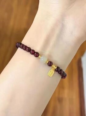 天然石酒红色石榴石多圈手链女简约百搭和田玉小众手串新中式串珠